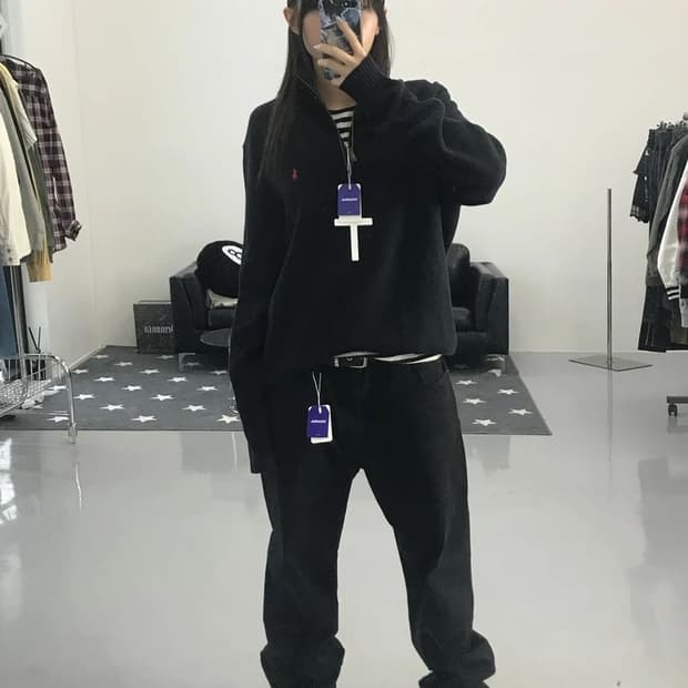 폴로랄프로렌 블랙 반 집업 니트