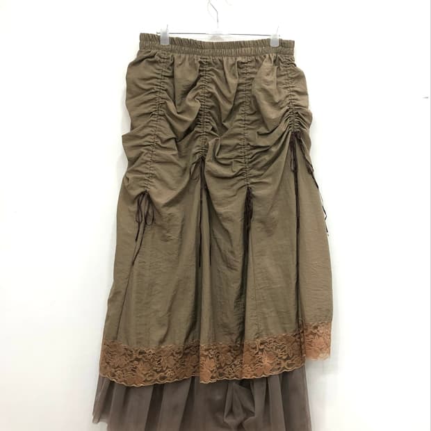 beige nylon shirred lace long skirt