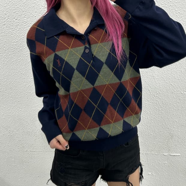 입생로랑 네이비 카라 아가일 카라니트 95