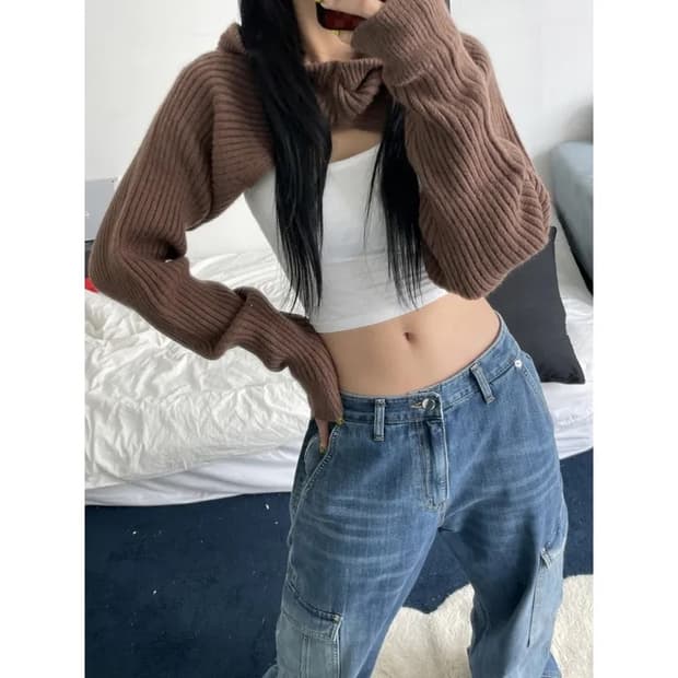 키미스 후드 니트볼레로 레이어드 브라운 오호스미스치프에이블리