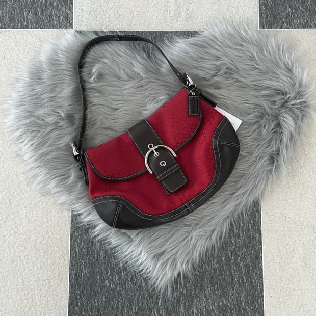 코치 레드 브라운 자카드 호보백