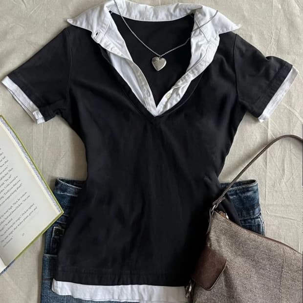 Y2k 그런지 갸루 니혼진 빈티지 핀터 블랙 카라 반팔티