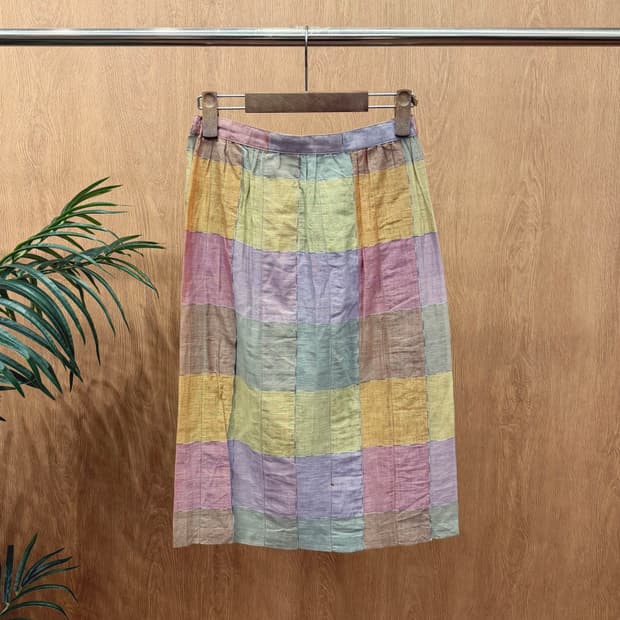 미쏘니 코튼 미디 스커트 패치워크 체크 패턴 플리츠 배색 디테일 퍼플