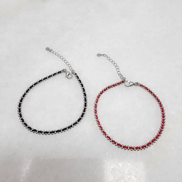 925silver 실크줄 은체인 팔찌(red/black)