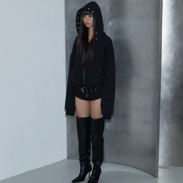 Voont 아일렛 벨트 후드집업 블랙