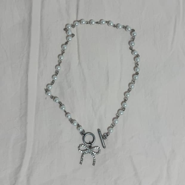 큐빅 리본 진주 초커 목걸이 써지컬스틸 어항 stc 러블리 갸루 빈티지