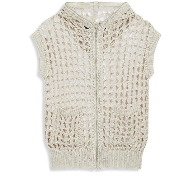 OPEN YY HOODED CROCHET ZIP VEST, BEIGE