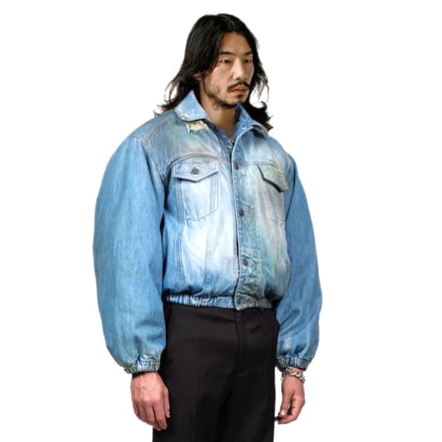 Egonlab 25ss 디스트레스 데님 크롭봄버 자켓