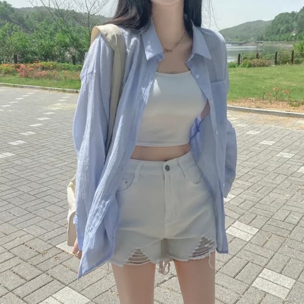 (새상품) 하늘색 오버핏셔츠+튜브탑 크롭나시+데미지 화이트 면바지 M