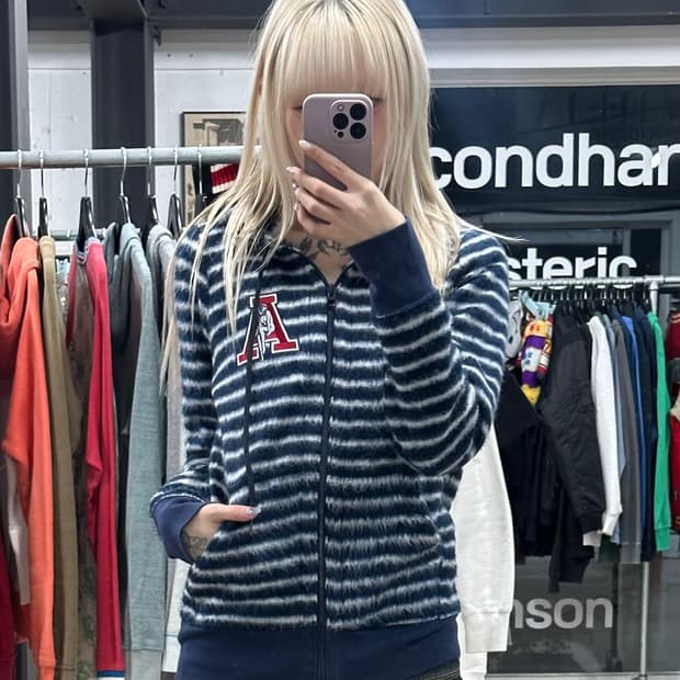 히스테릭 글래머 모헤어 스트라이프 후드 집업