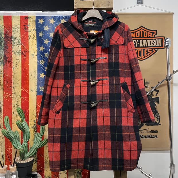 70s 글로버올 GLOVERALL 체크 패턴 후드 더플 코트 떡복이 코트