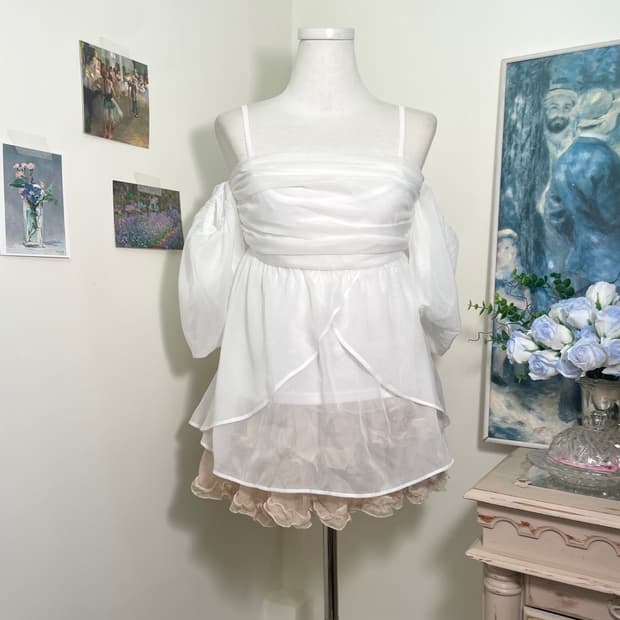 white chiffon draping off-shoulder blous