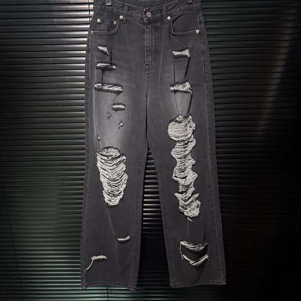 미드나잇무브 찢청 디스트로이드진 와이드 흑청 데님 M 27 블랙 워싱