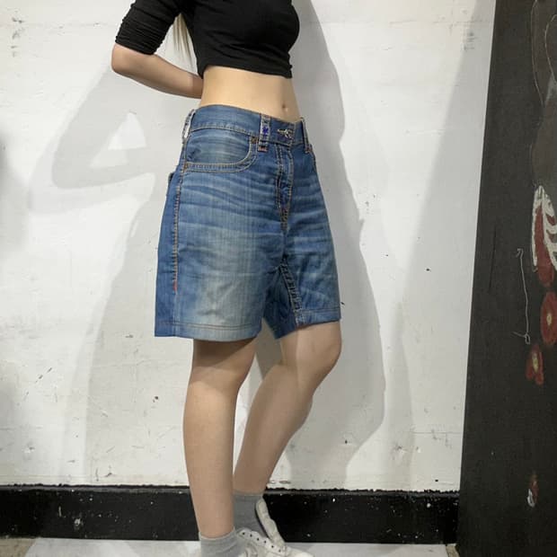 트루 릴리전 중청 와이드 하프 버뮤다 팬츠 커스텀 자수 반바지 
