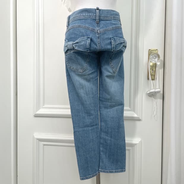 blue denim back bow pocket denim pants