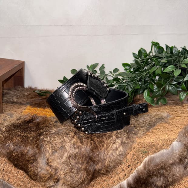 Black python cubic stud ball hook belt