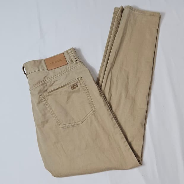 라코스테 가죽패치 치노팬츠 슬랙스 바지 베이지 코튼 슬림핏 33 x 34