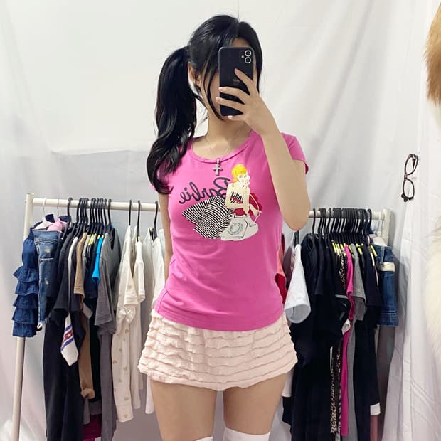 [BARBIE] 바비 갸루 핀업걸 핫핑크 반팔