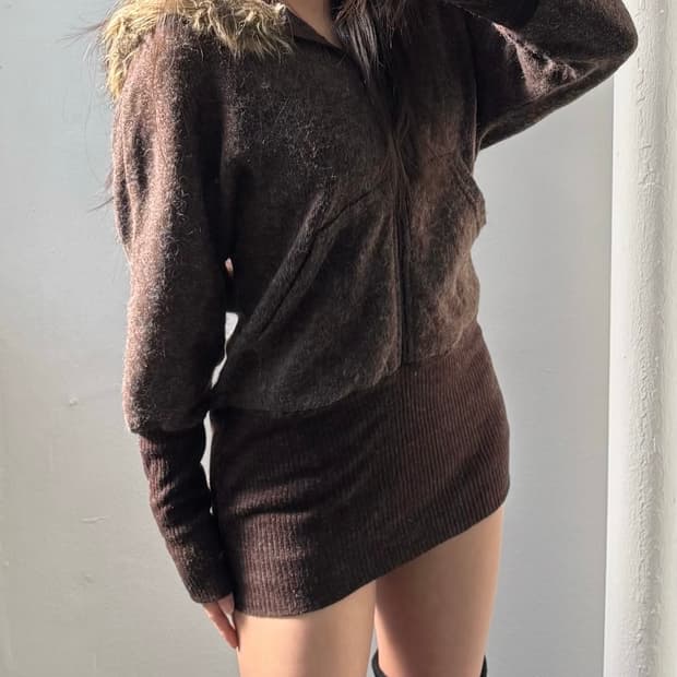Vintage Brown Fur-Trim Hood Knit