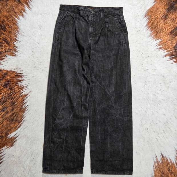 흑청 원 핀턱 빈티지 워싱 와이드 팬츠