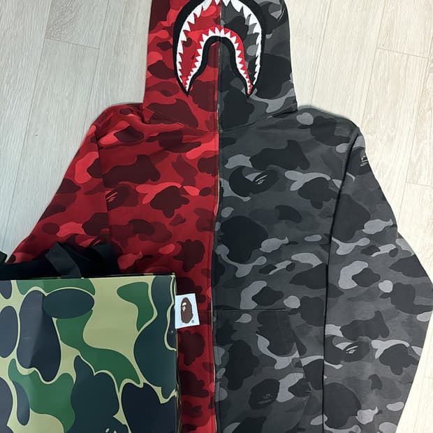 2XL)(희귀) 베이프 컬러 카모 세퍼레이트 샤크 풀 집 후드 레드 블랙