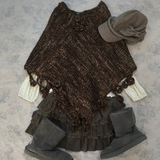 일본빈티지 브라운 플라워 코사지 케이프