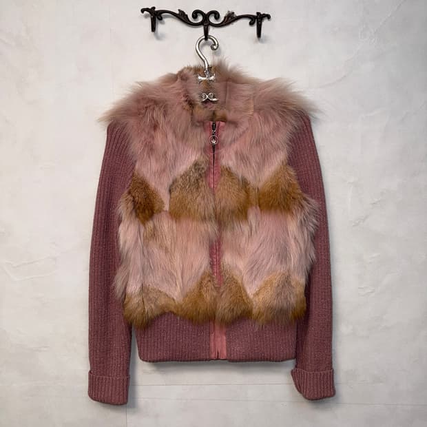 Baby pink glitter coyote fur knit zipup