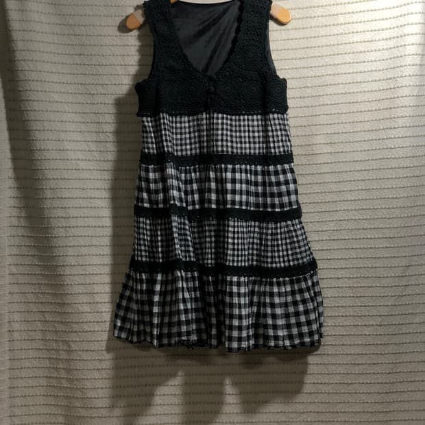 일본 빈티지 블랙 미니 체크 패턴 숏 모리걸 원피스