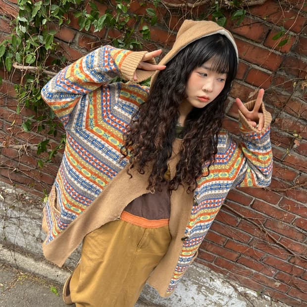 히피패턴 니트 후드 가디건