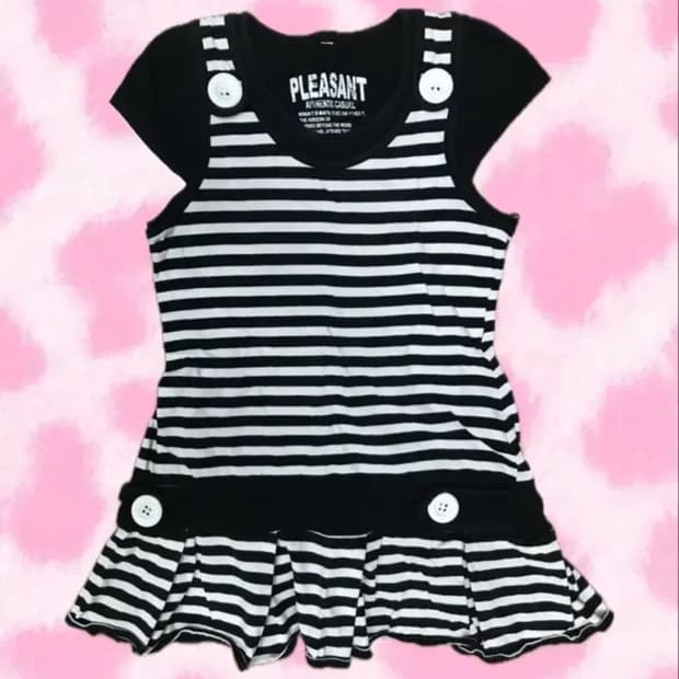 갸루 스트라이프 버튼 단추 반팔 티셔츠 원피스 일본 빈티지