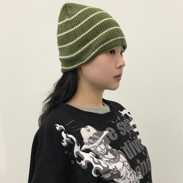 JPN Olive Stripe Knit Beanie