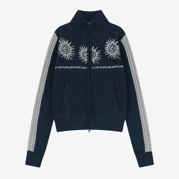 AAKAM Sun Jacquard Zip-Up Sweater (Navy)