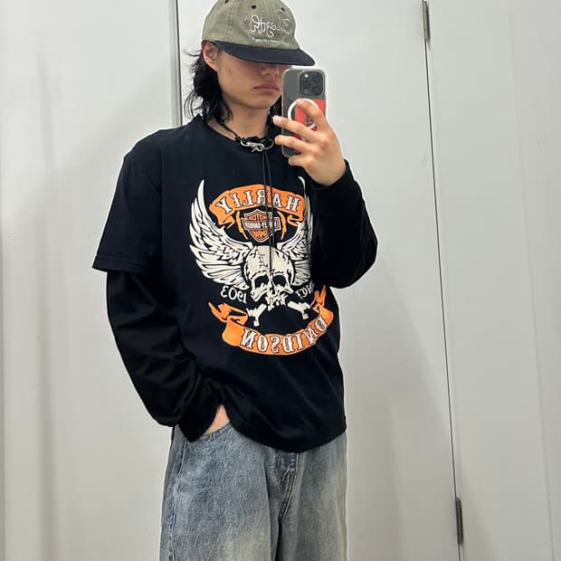 할리데이비슨 스컬 프린팅 반팔티