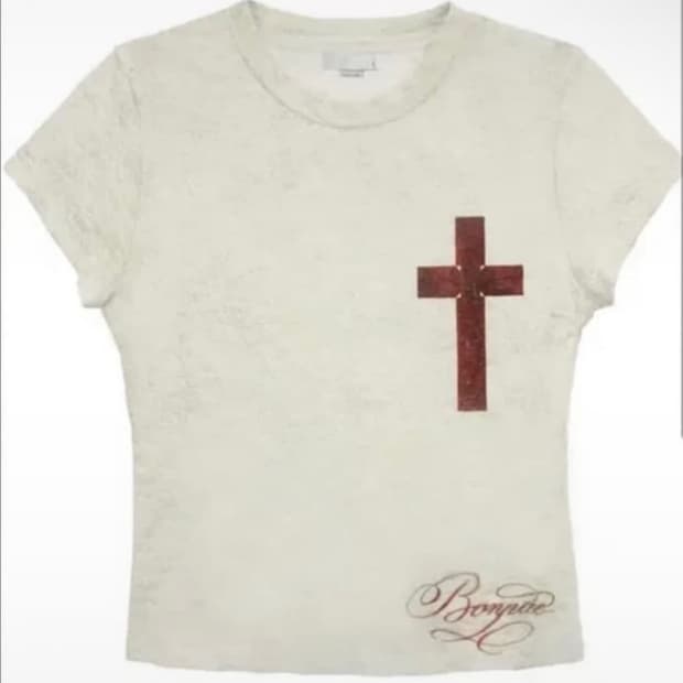 본네 우먼 그래픽 오픈 백 슬릿 탑 아이보리