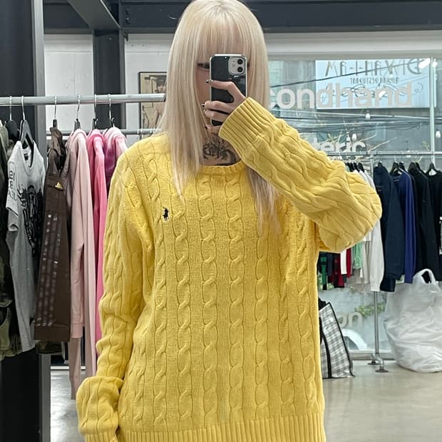폴로 랄프로렌 옐로우 꽈배기 케이블 오버핏 니트