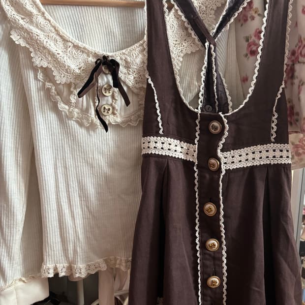 리즈리사 히메카지 라떼갸루 레이스 리본 니트 서스펜더 멜빵 스커트 일괄