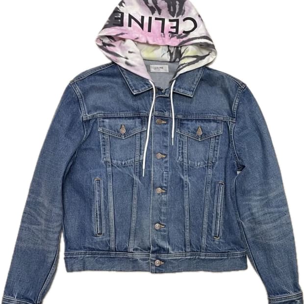 23FW 셀린느 남성 자켓 트러커 멀티 로고 후드 데님 블루 