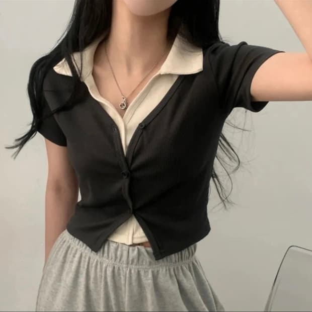 레이어드 카라 가디건 반팔티