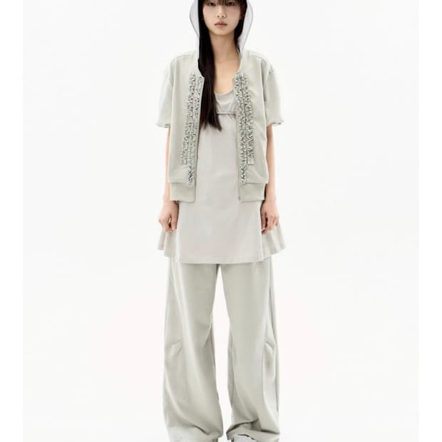 오호스 OJOS 셋업 프릴 져지 봄버 자켓 더블 와이드 팬츠 세트 카키