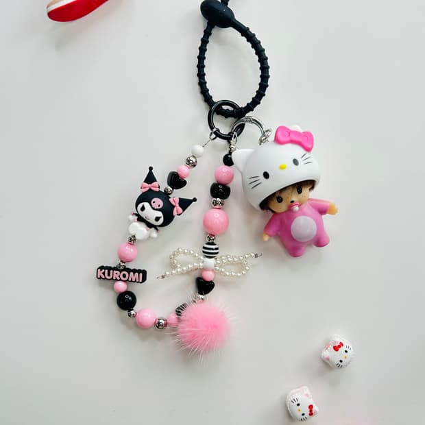 💜🩶키티 베이비 몬치치 X 쿠로미 비즈 레이어드 키링