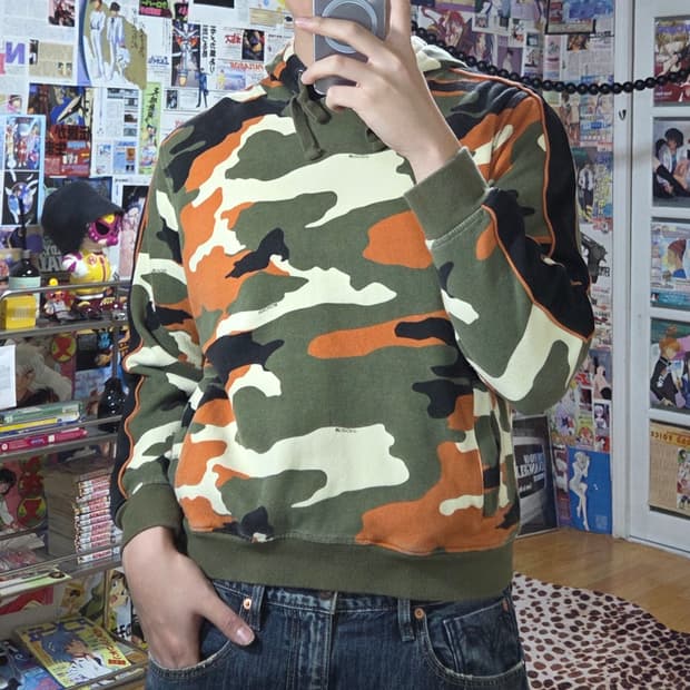 빈티지 오렌지 카모 골지 후드티