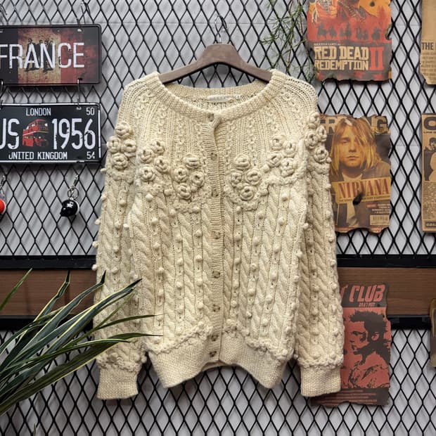 80s JPN VINTAGE 니트 가디건 입체 플라워 디테일 아이보리