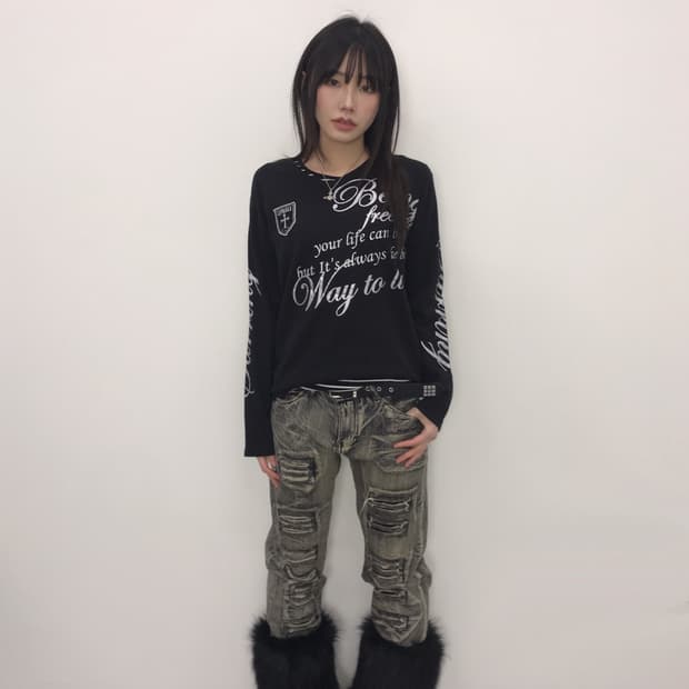 Jpn Y2k Silver Lettering Long Sleeve