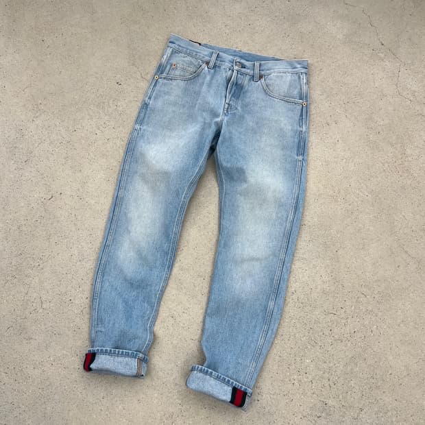 구찌 웹 스트라이프 테이퍼드 데님 팬츠