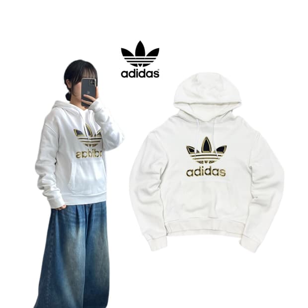 아디다스 신형 메탈릭 빅로고 후드티 화이트