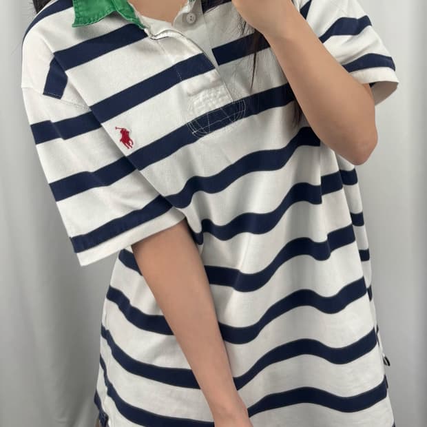 폴로 스트라이프 단가라 반팔 럭비티