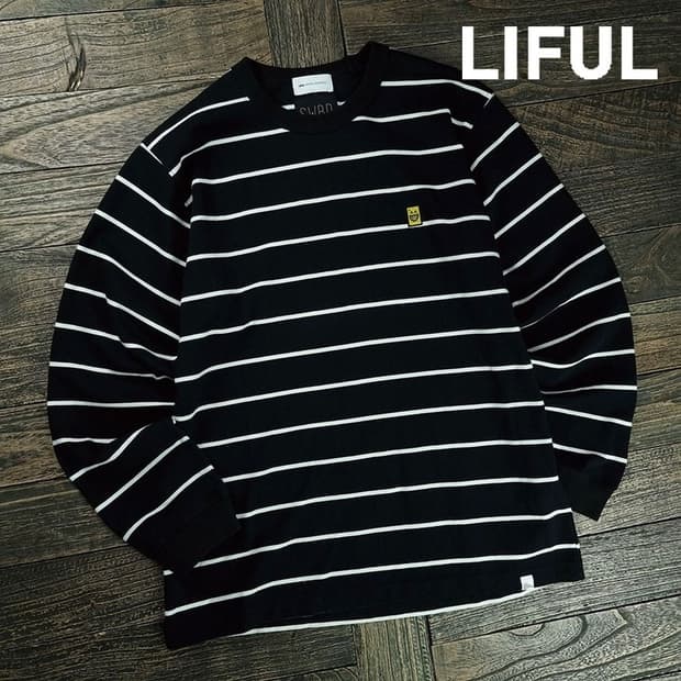 [라이풀] 오버핏 스트라이프 롱슬리브 긴팔티 블랙 M19329