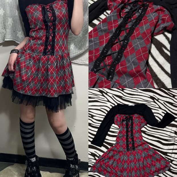 check pattern ribbon detailed dress