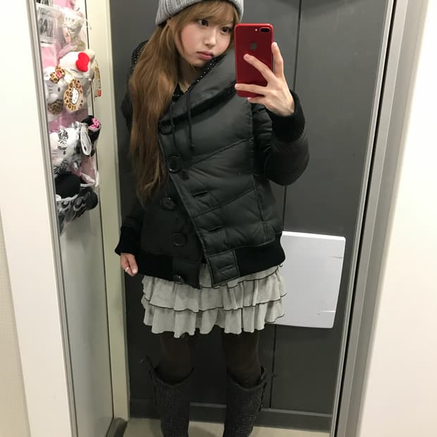 무채색 블랙 니혼진 도트 빅버튼 패딩 코디세트