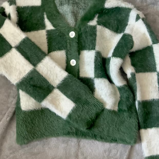 빈티지 앙고라 체커보드 크롭 가디건